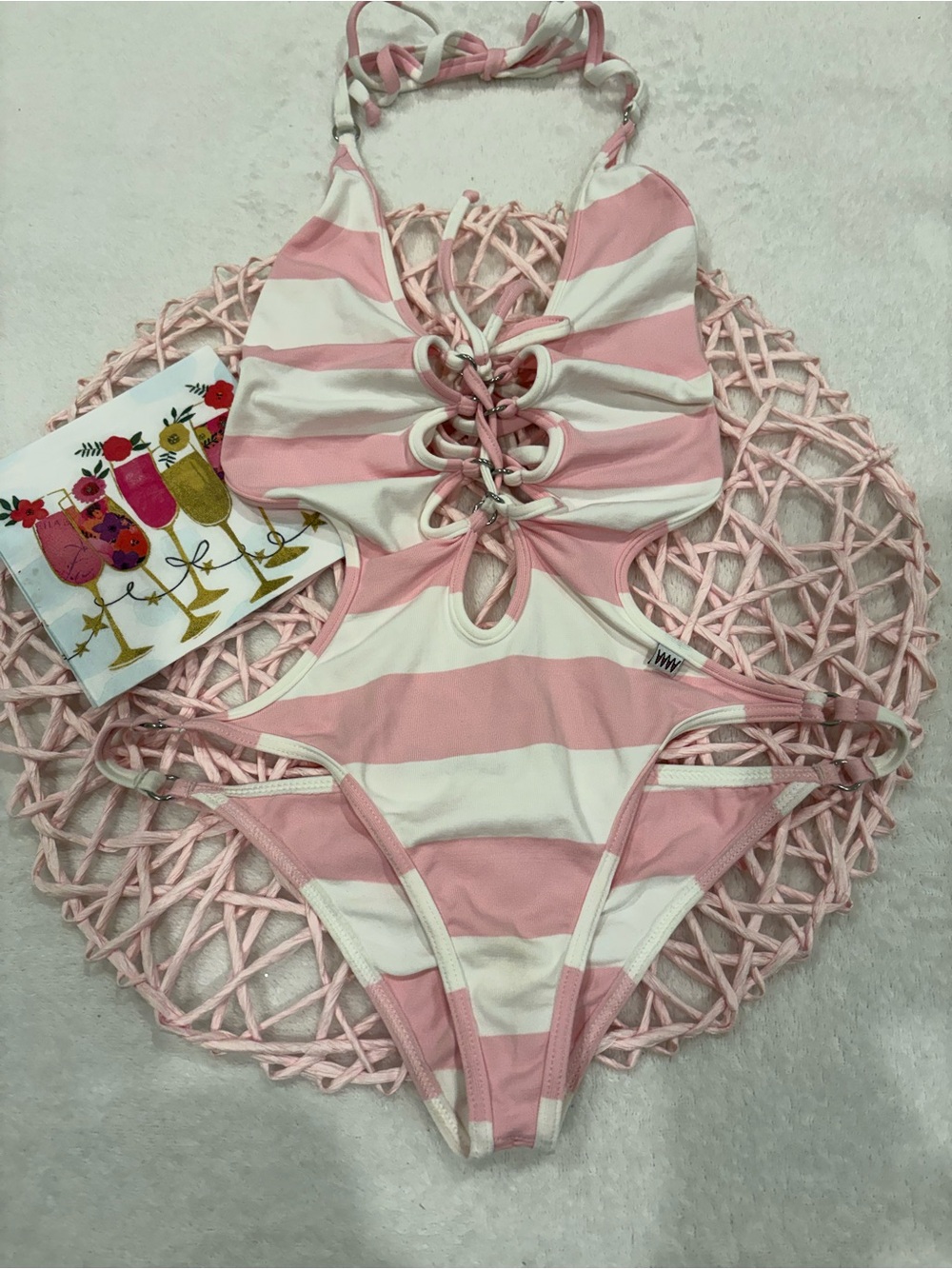 Wicked Weasel Pink White Stripe Cutout Lace Up One Piece Monokini